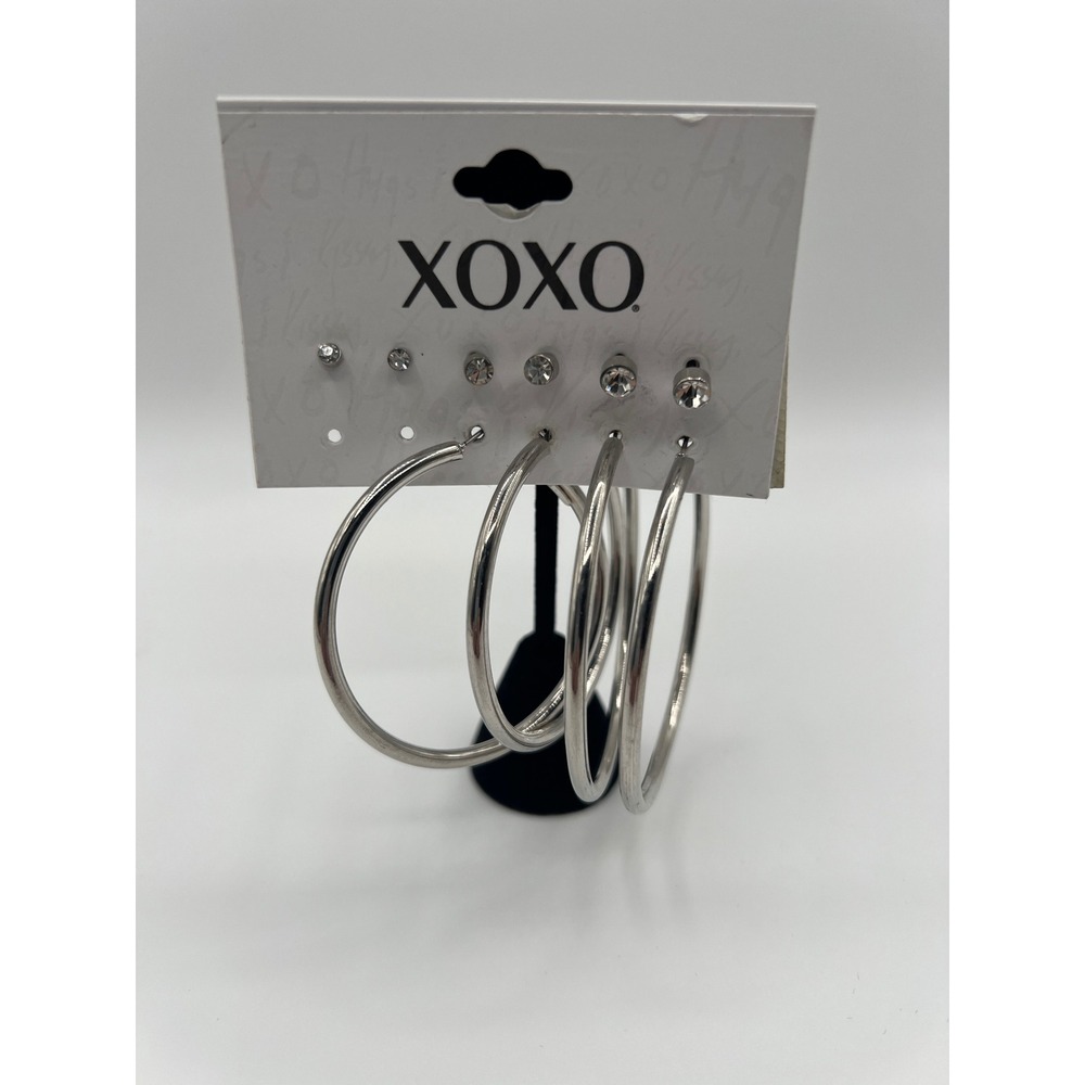 XOXO 5 Pair Earring Set Silver Tone Graduated Crystal Studs and Hoop Earrings